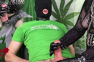 goth milf, you stroking with black latex gloves and penis pump or what?