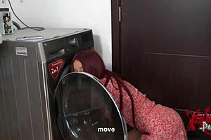 When tiny redhead finds herself stuck in the washing machine, her lover doesn't hesitate to help, with analicious results