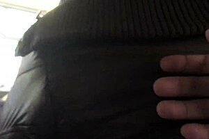 Chubby Girl's Brown Nylon Jacket Touched Candidly on Street