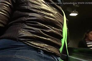 Chubby Girl's Brown Nylon Jacket Touched Candidly on Street