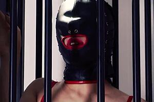 the naughty brunette escapes her tight cage, bound in stockings, to worship the beautiful woman's big tits and ass