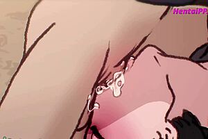 Asian, busty anime beauty gives an incredible hard blowjob in animated video
