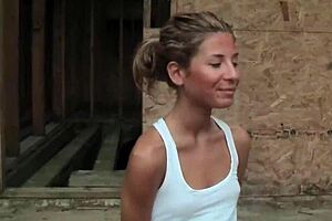 slim girl hints at showing tits and ass for cash outdoors