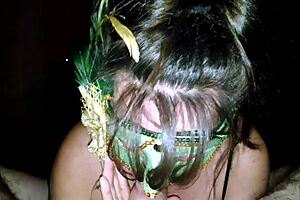 Milf in green mask licks and sucks thick cock passionately!