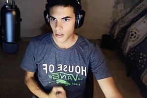 Shaved Twink's Big Cock Cumshot on Webcam Chat