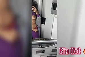 Bia masturbates in the bus bathroom