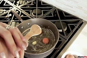 stepmom gives blowjob to stepson while he's cooking