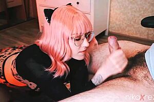 amateur blowjob from cutie in glasses sucking monster cock