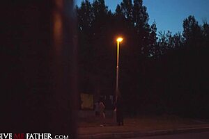 In the car, the brunette student gets roughly fucked doggystyle by big cock, ending with facial cumshot.