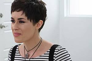 Olive glass big tits milf plays with hairy pussy until she cums hard.