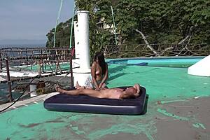 two hot latinas getting down with dirty talk on the beach for wild action.