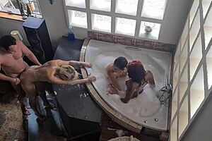 suggestive spa bath orgy with creampie and interracial action