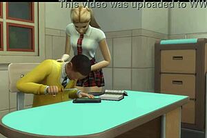 Does the teacher lick his blonde student's pussy?