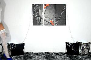 Trying on sexy stockings for big cock blowjob.