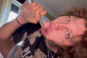 A girl with tattoos gives rough blow job until she cries and then sucks a dildo.