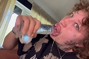 tatted girl gives rough blowjob until she cries, then sucks dildo