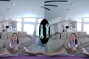 A big dick penetrates a skinny brunette in a virtual reality porn video.
