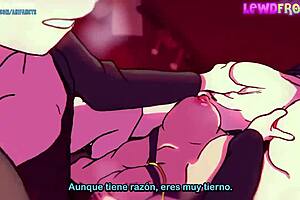 rule 34 hentai depicts blowjob threesome with group cumshots in anime style