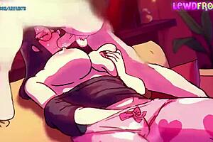 rule 34 hentai depicts blowjob threesome with group cumshots in anime style