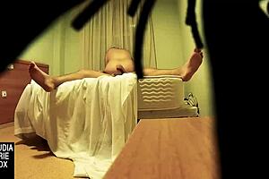 Secretly filming a chubby man giving oral sex to another man.