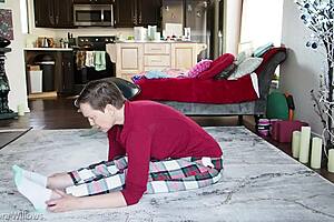 A hairless brunette MILF gets some yoga help from a friend.