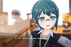 Red hooded bad girl in animated pornographic film Magicami on Nutaku.