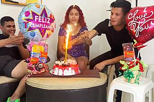 Hey, stepmother, enjoy your birthday surprise: two huge cocks fucking your big ass!