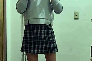 Chinese shemale ladyboy jerks off in public stairwell