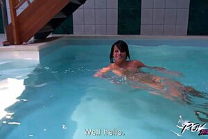 Sensual blowjob with petite brunette by pool