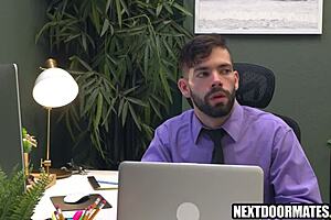 Gay hunks in office argue over promotion, leading to blowjob, rimjob, and bareback sex