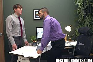 Gay hunks in office argue over promotion, leading to blowjob, rimjob, and bareback sex