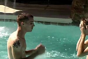 Gay twinks have fun with bareback sex in the pool and on the beach.