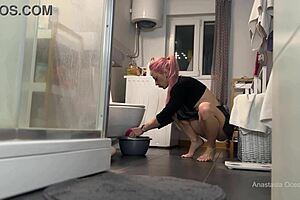 Your naughty housekeeper wears an anal plug under her skirt, and you're peeking upskirt at her wet pussy