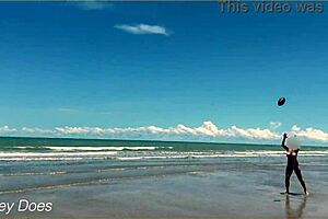 Wife strips for nude football on public clothed beach