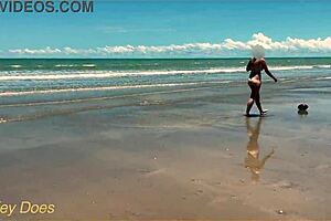 Wife strips for nude football on public clothed beach