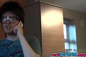 Incredibly cute ebony teen sucks nerd's big black cock in reality casting