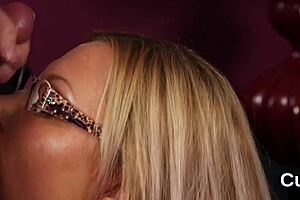 foxy honey gets jizz load on her face eating all the semen