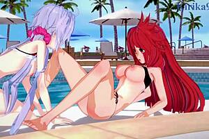 Beautiful 3D animated lesbian scene with Symphogear girls Kanade, Chris, and Tsubasa.