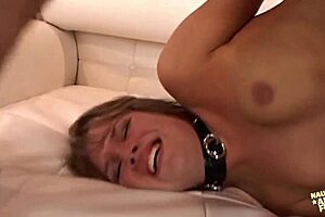 submissive blonde girl kisses her master's feet, sucks his cock, and gives him her asshole