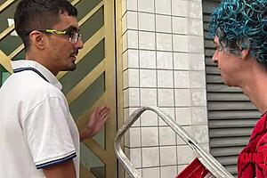 gorgeous client strips naked for quick group fuck