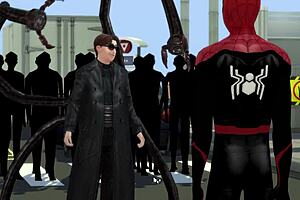 Superhero Spiderman faces off against the villainous Dr. Octopus in a hot gay scene