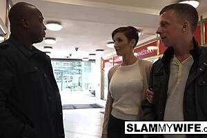 Busty brunette gets banged hard in front of her helpless guy