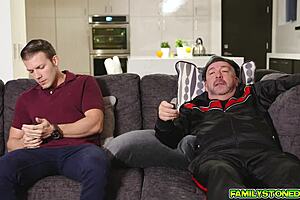 Pervy vibes her clit while her stepson licks her pussy.