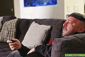 Pervy vibes her clit while her stepson licks her pussy.