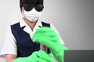 asian beauty gives sensual handjob in latex gloves on display