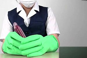 asian beauty gives sensual handjob in latex gloves on display