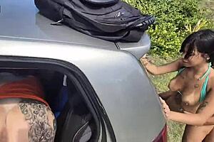 I did a whore thing in the car with my friend called three horny guys to fuck our hairy pussy