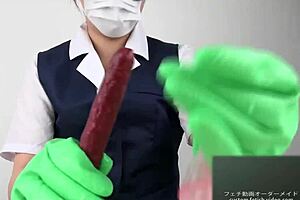 亚洲美女戴乳胶手套感官手交展示