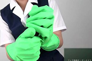 亚洲美女戴乳胶手套感官手交展示