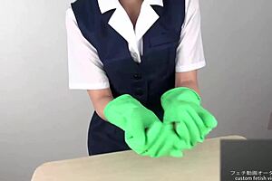 asian beauty gives sensual handjob in latex gloves on display